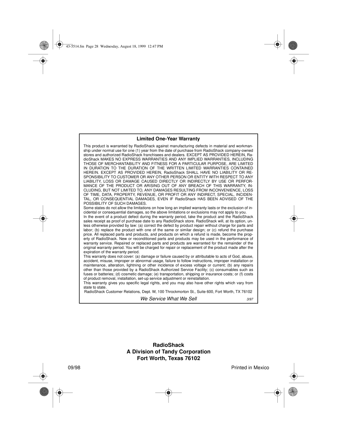 Radio Shack pmn owner manual RadioShack Division of Tandy Corporation Fort Worth, Texas 