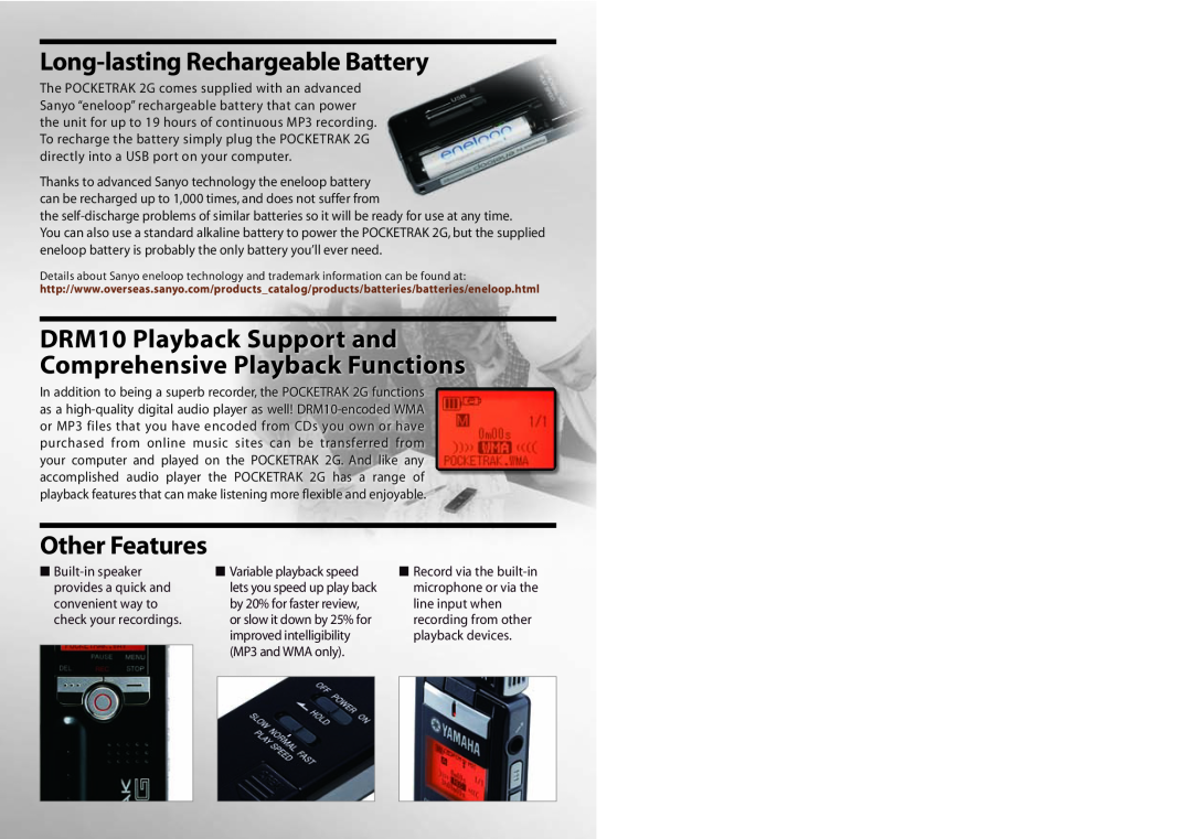 Radio Shack Pocketrak 2G specifications Long-lastingRechargeable Battery, Other Features 