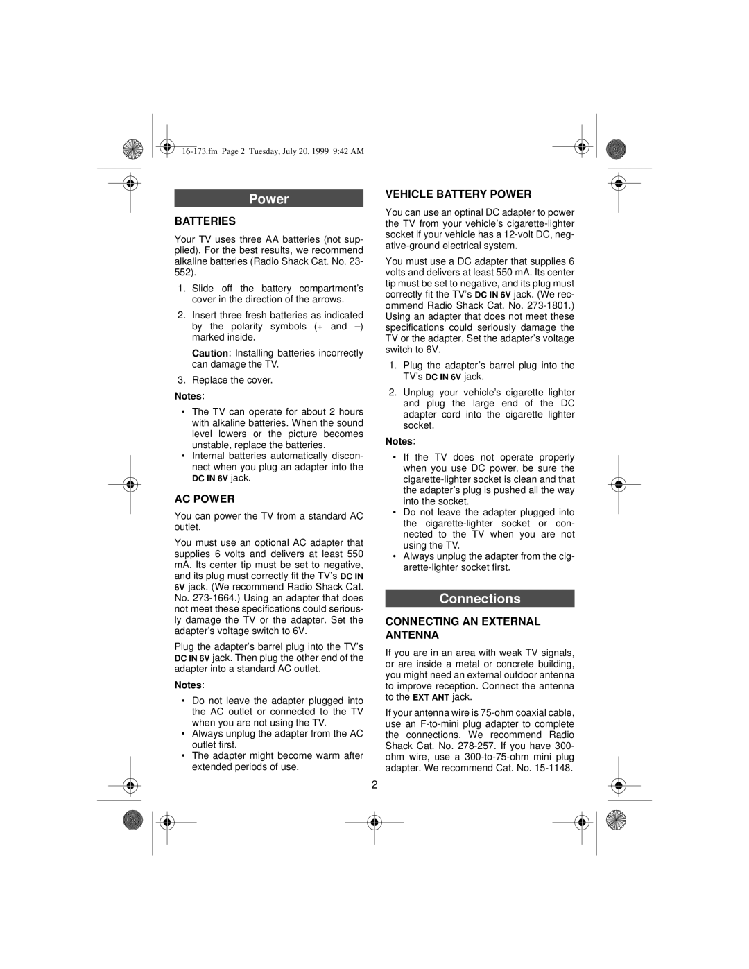 Radio Shack Pocketvision-36, 16-173 manual Power, Connections 