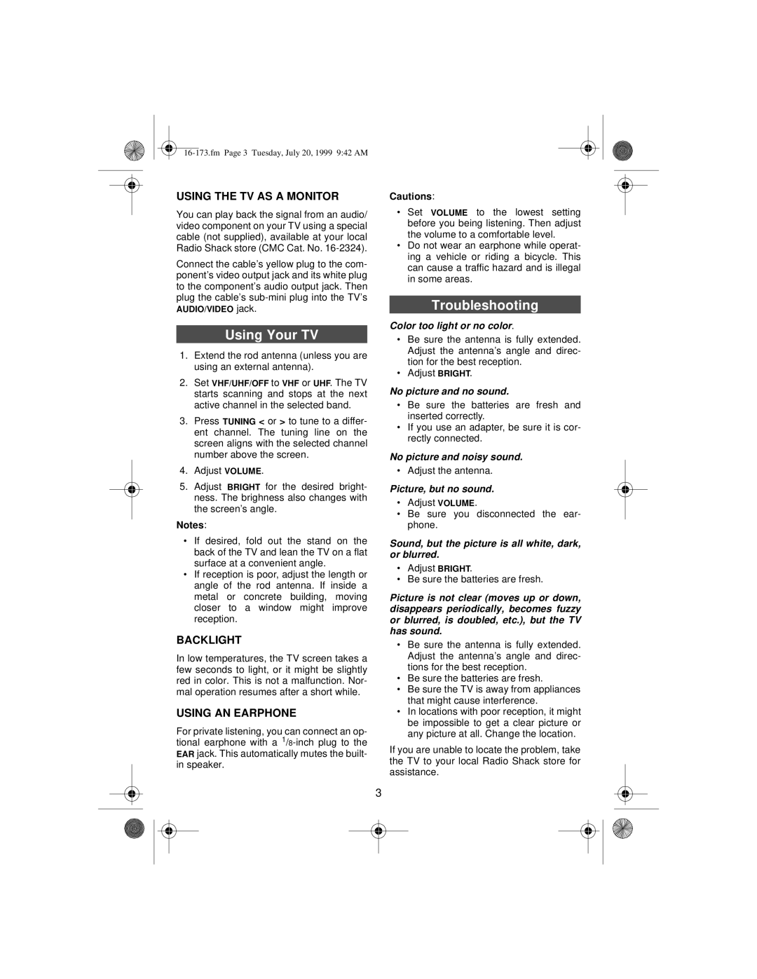 Radio Shack 16-173 manual Using Your TV, Troubleshooting, Using the TV AS a Monitor, Backlight, Using AN Earphone 