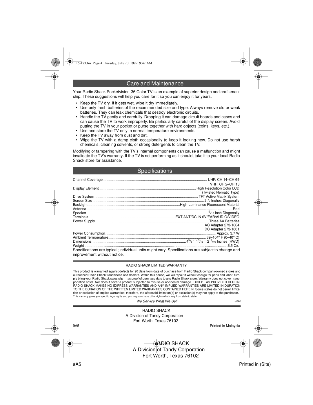 Radio Shack Pocketvision-36, 16-173 manual Care and Maintenance, Specifications 