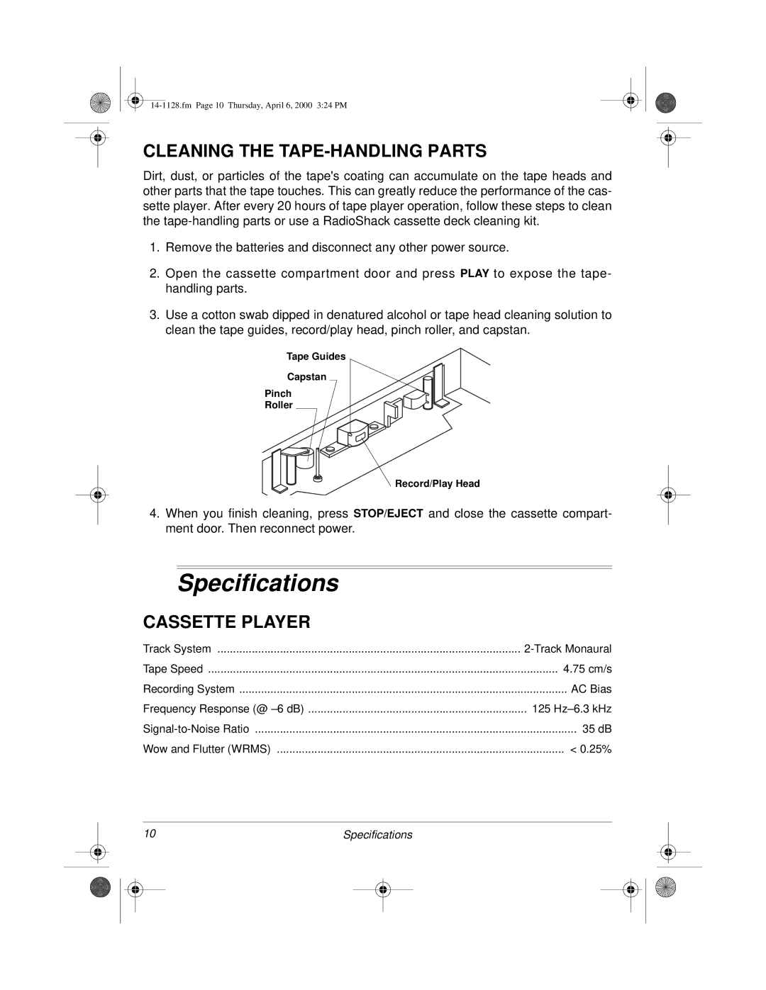 Radio Shack Portable Cassette Recorder owner manual Specifications, Cleaning the TAPE-HANDLING Parts, Cassette Player 