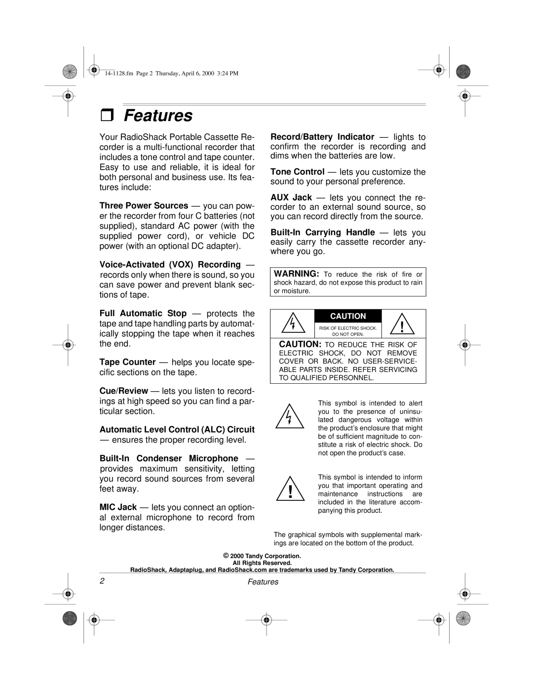 Radio Shack Portable Cassette Recorder owner manual Features 