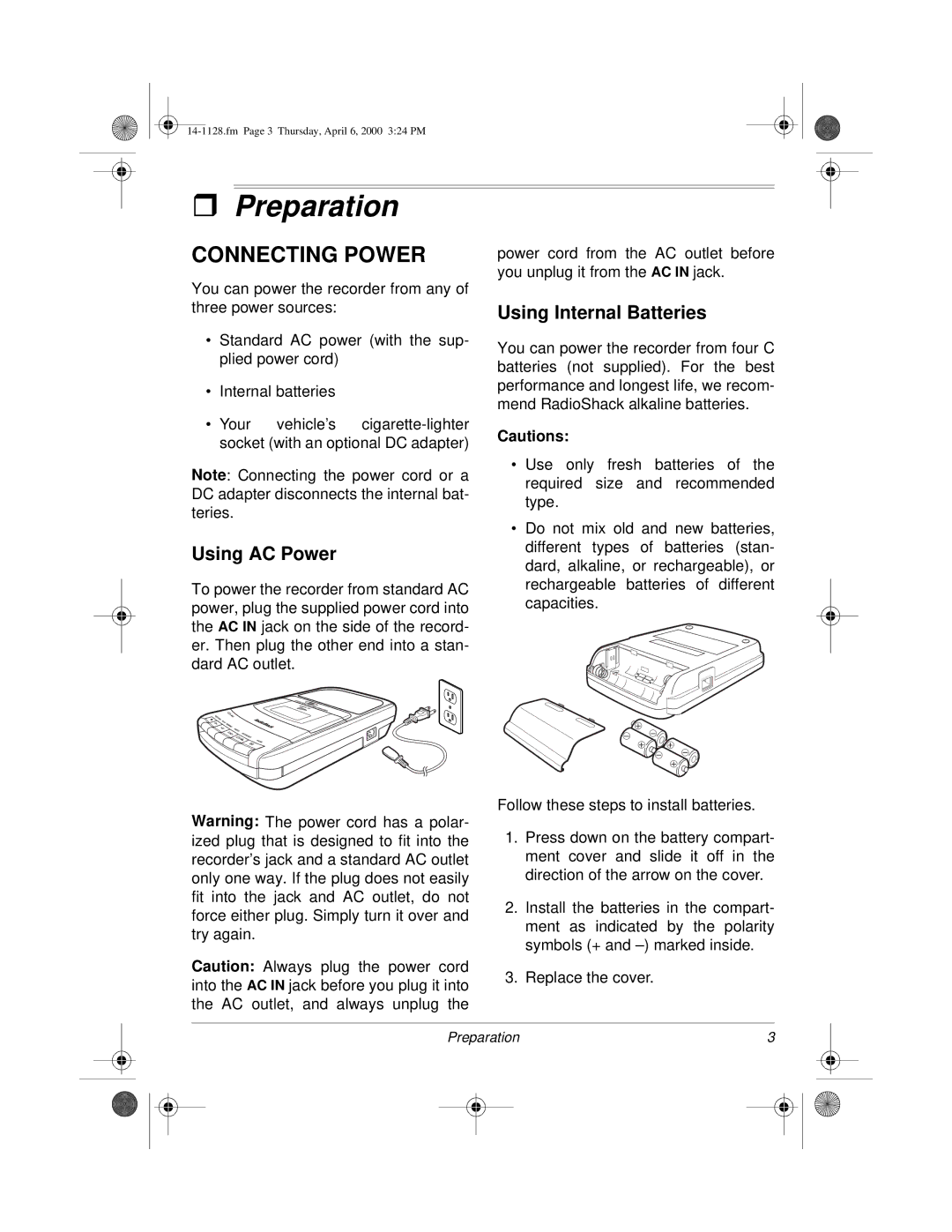 Radio Shack Portable Cassette Recorder owner manual Preparation, Connecting Power, Using AC Power, Using Internal Batteries 