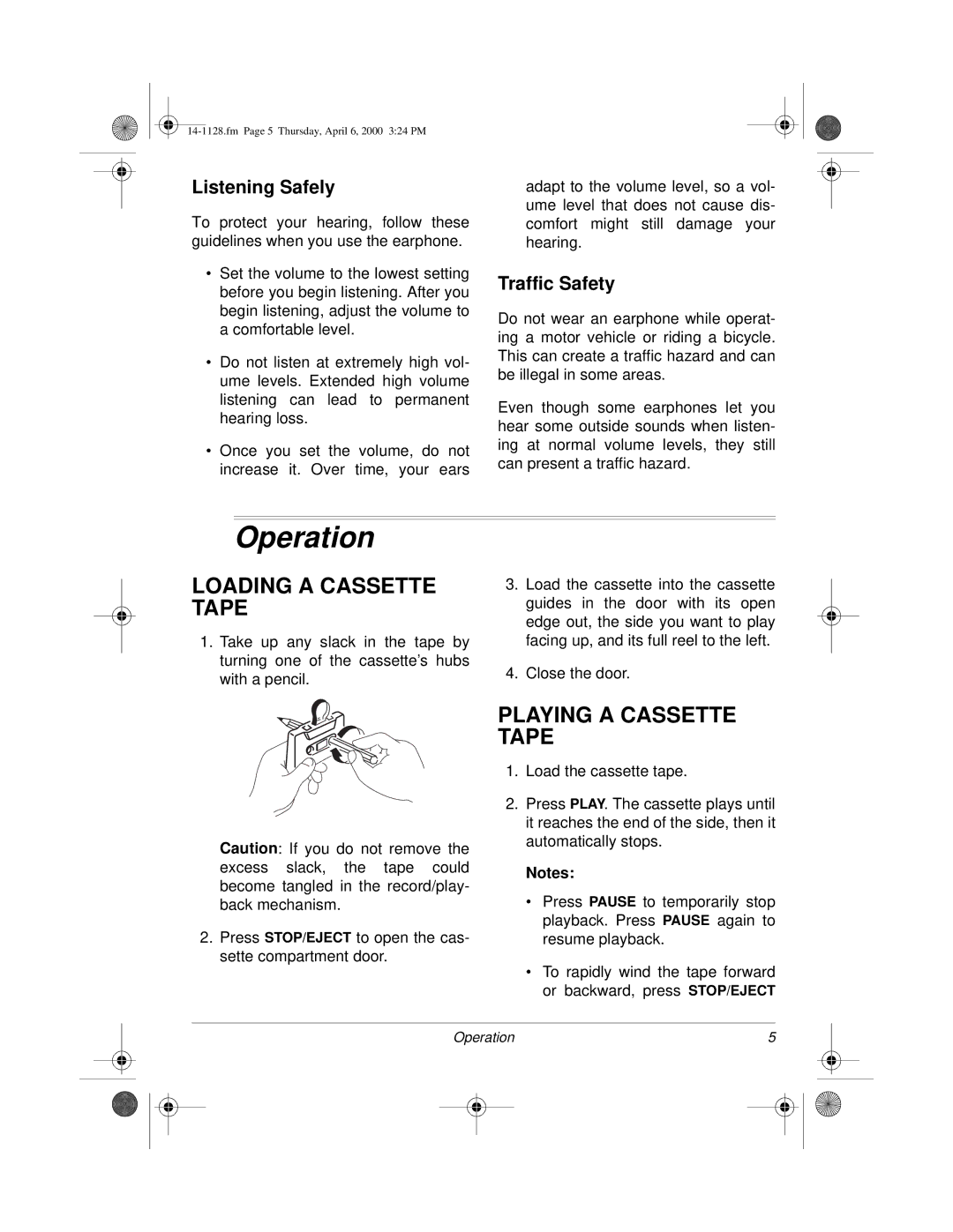 Radio Shack Portable Cassette Recorder Operation, Loading a Cassette Tape, Playing a Cassette Tape, Listening Safely 