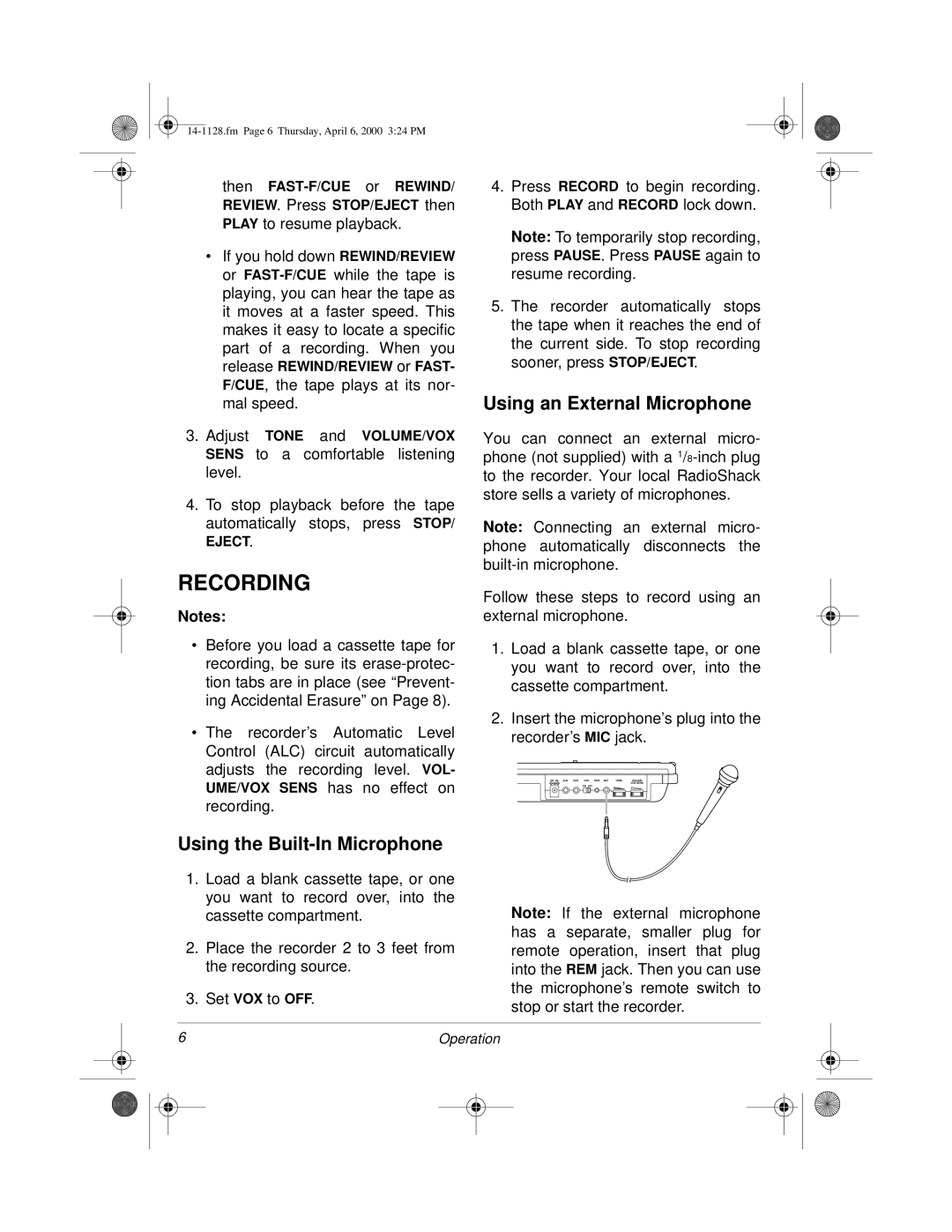 Radio Shack Portable Cassette Recorder owner manual Recording, Using an External Microphone, Using the Built-In Microphone 