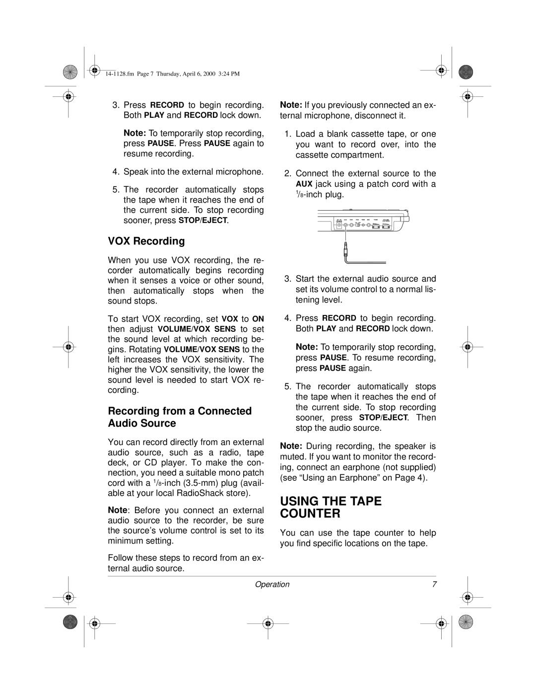 Radio Shack Portable Cassette Recorder Using the Tape Counter, VOX Recording, Recording from a Connected Audio Source 