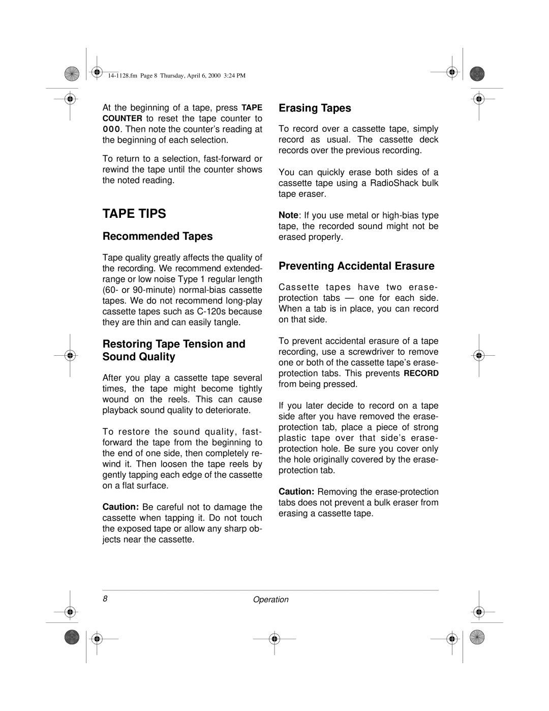 Radio Shack Portable Cassette Recorder owner manual Tape Tips, Recommended Tapes, Restoring Tape Tension and Sound Quality 