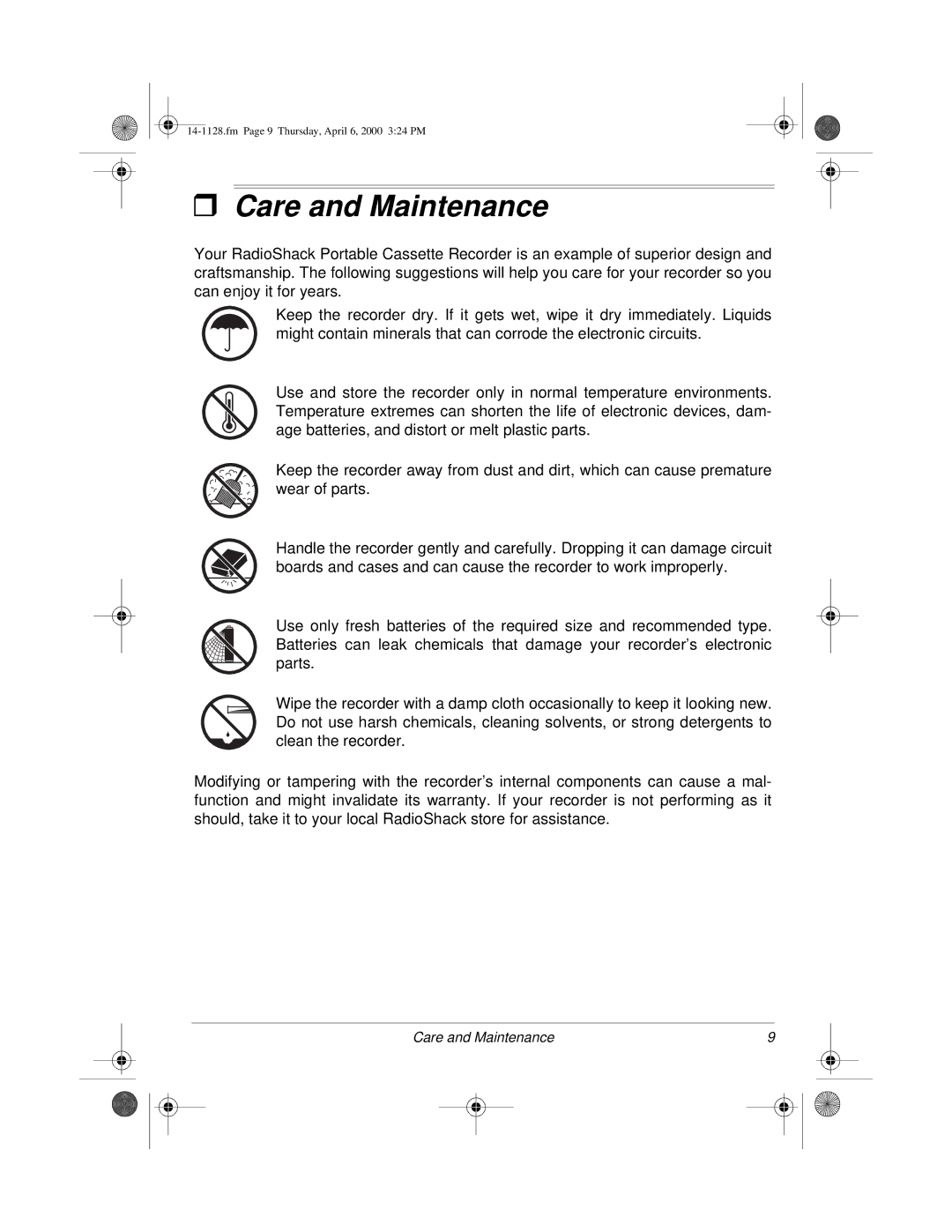 Radio Shack Portable Cassette Recorder owner manual Care and Maintenance 