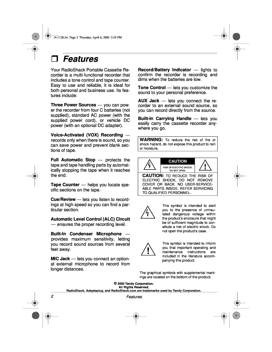 Radio Shack Portable Cassette Recorder owner manual ˆFeatures 