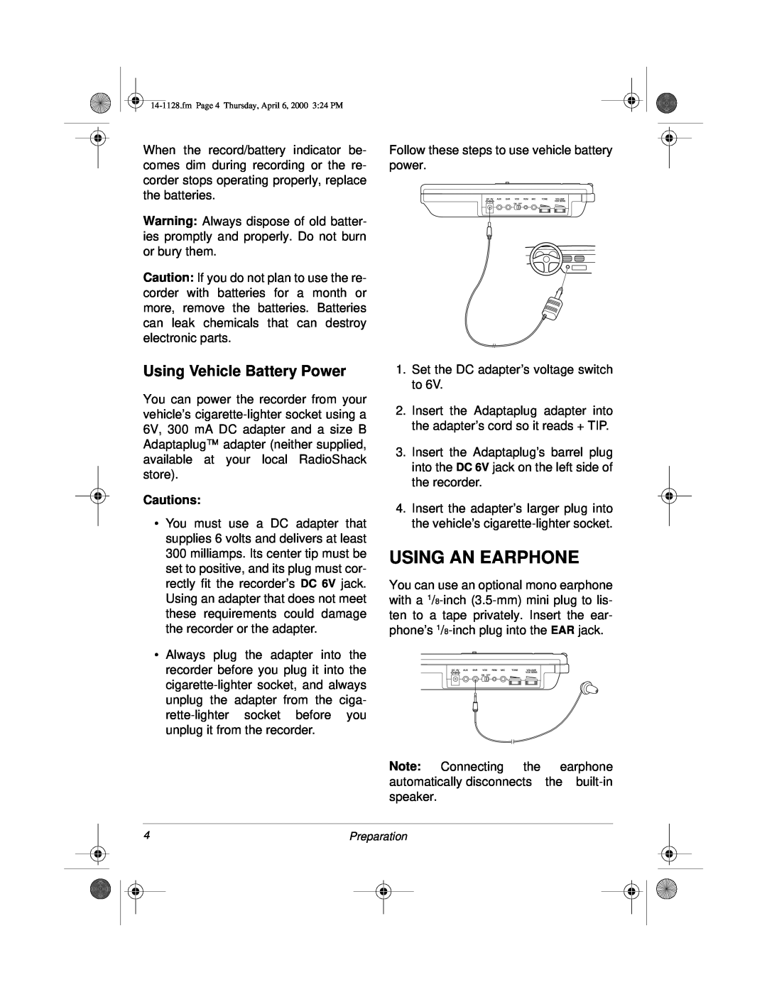 Radio Shack Portable Cassette Recorder owner manual Using An Earphone, Using Vehicle Battery Power 