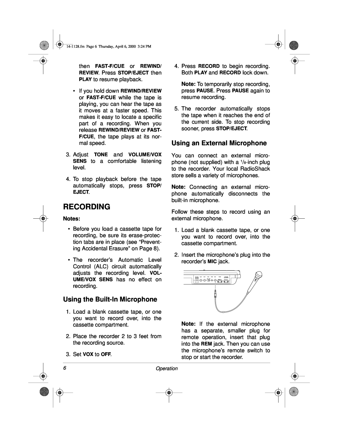 Radio Shack Portable Cassette Recorder owner manual Recording, Using an External Microphone, Using the Built-InMicrophone 