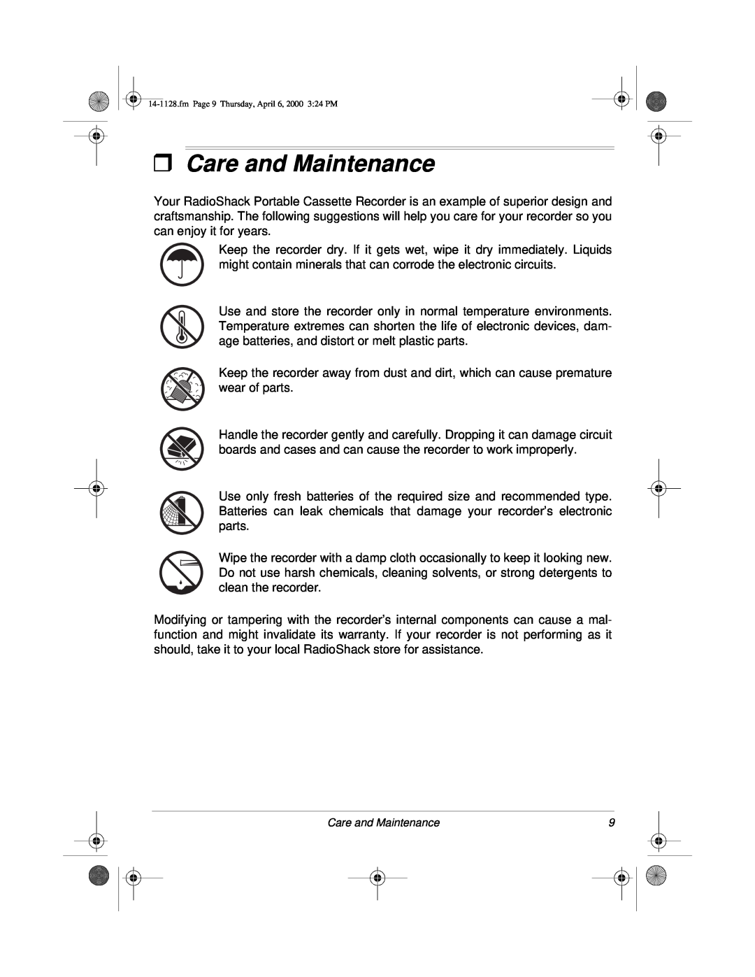 Radio Shack Portable Cassette Recorder owner manual ˆCare and Maintenance 