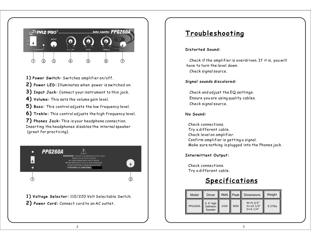 Radio Shack PPG260A owner manual Troubleshooting, Specifications 