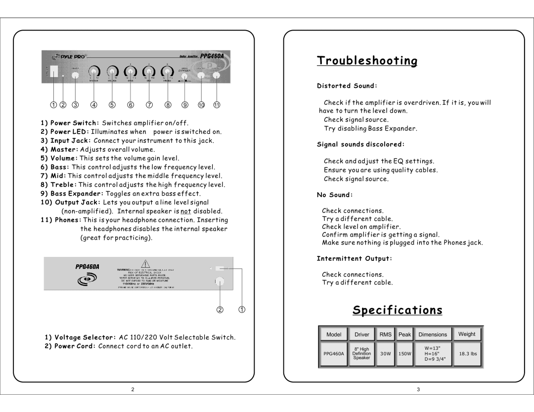 Radio Shack PPG460A owner manual Troubleshooting, Specifications 