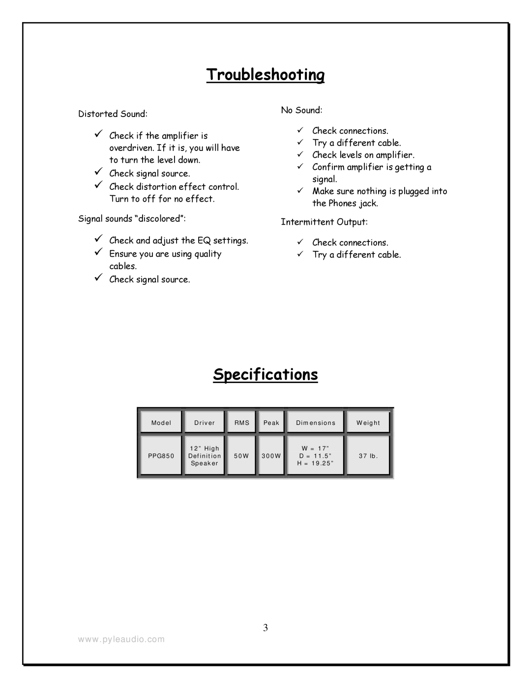 Radio Shack PPG850A owner manual Troubleshooting, Specifications 