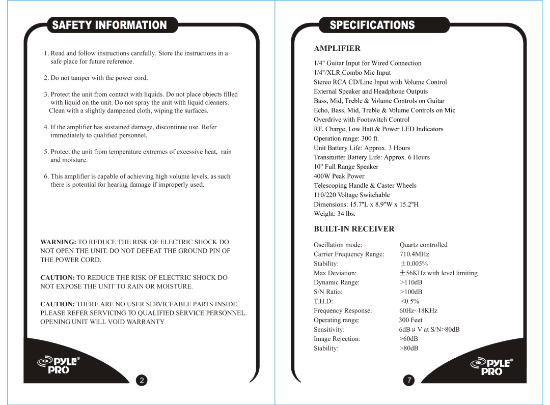 Radio Shack PPGW 1040 manual Safety Information, Amplifier, BUILT-IN Receiver 