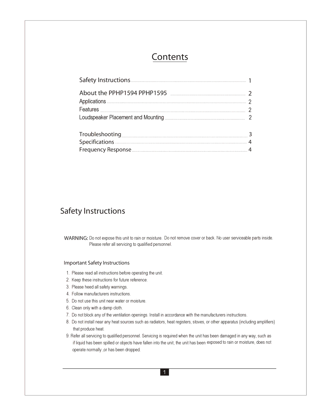 Radio Shack PPHP1595 owner manual Contents 