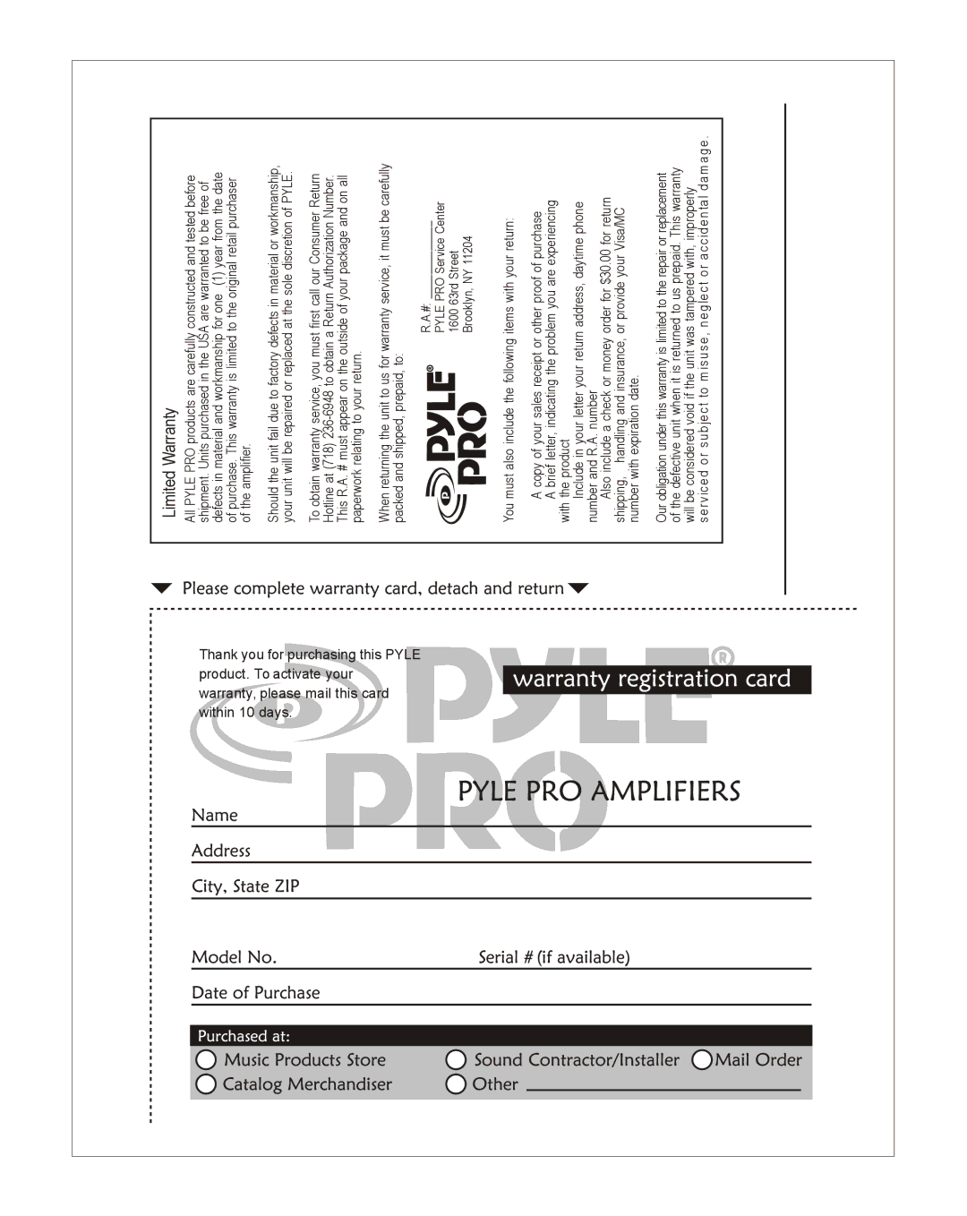 Radio Shack PPHP1595 owner manual Warranty, please mail this within 10 days, Card This Pyle, With the product 