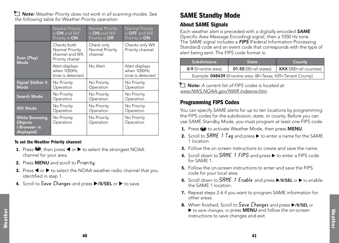 Radio Shack 20-107 Same Standby Mode, About Same Signals, Programming Fips Codes, Instructions to save changes and exit 