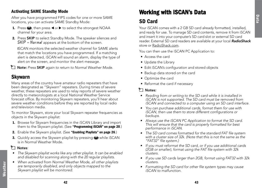 Radio Shack PRO-107, 20-107 manual Working with iSCAN’s Data, Skywarn, SD Card, Activating Same Standby Mode 