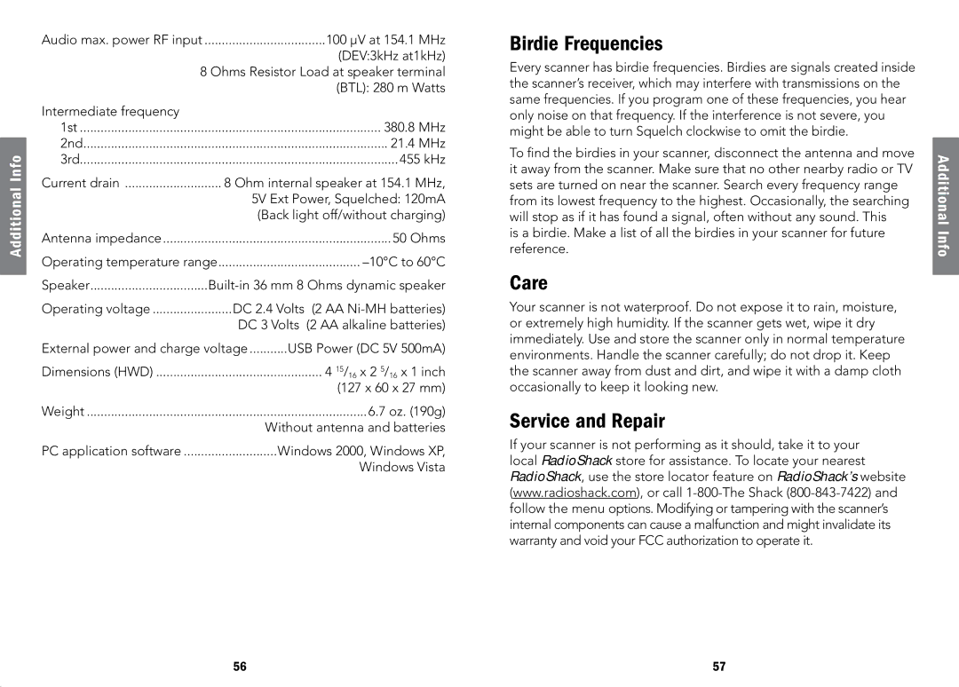 Radio Shack 20-107, PRO-107 manual Birdie Frequencies, Care, Service and Repair 