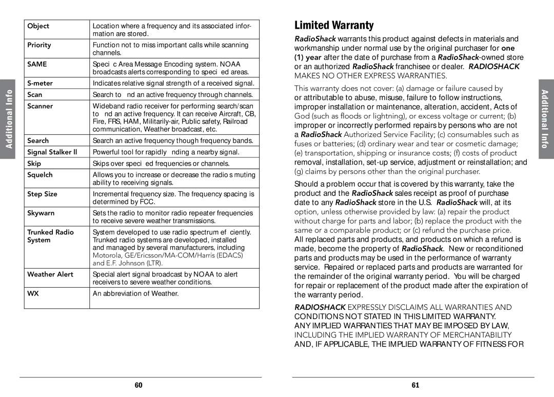 Radio Shack 20-107, PRO-107 manual Limited Warranty, Same 