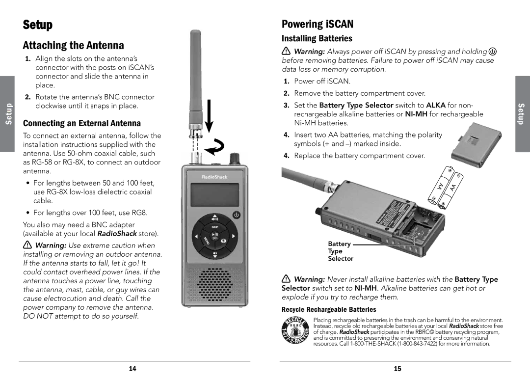 Radio Shack PRO-107 Setup, Attaching the Antenna, Powering iSCAN, Connecting an External Antenna, Installing Batteries 