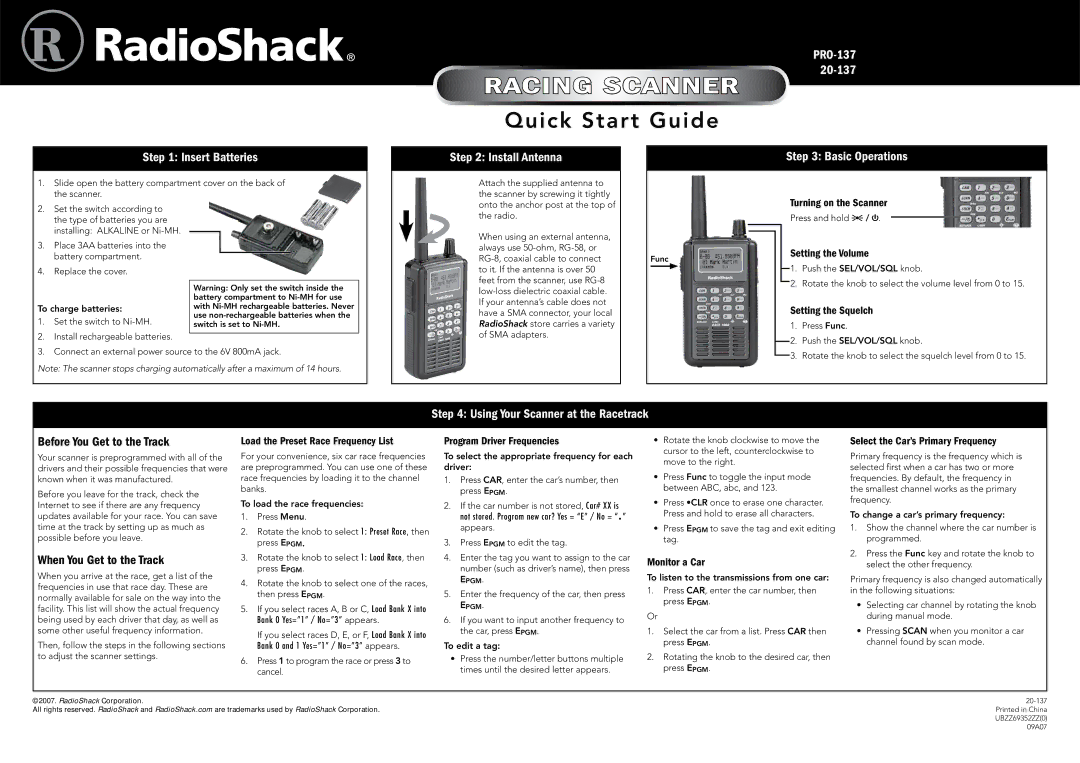 Radio Shack PRO-137 quick start Insert Batteries, Install Antenna, Basic Operations, Using Your Scanner at the Racetrack 