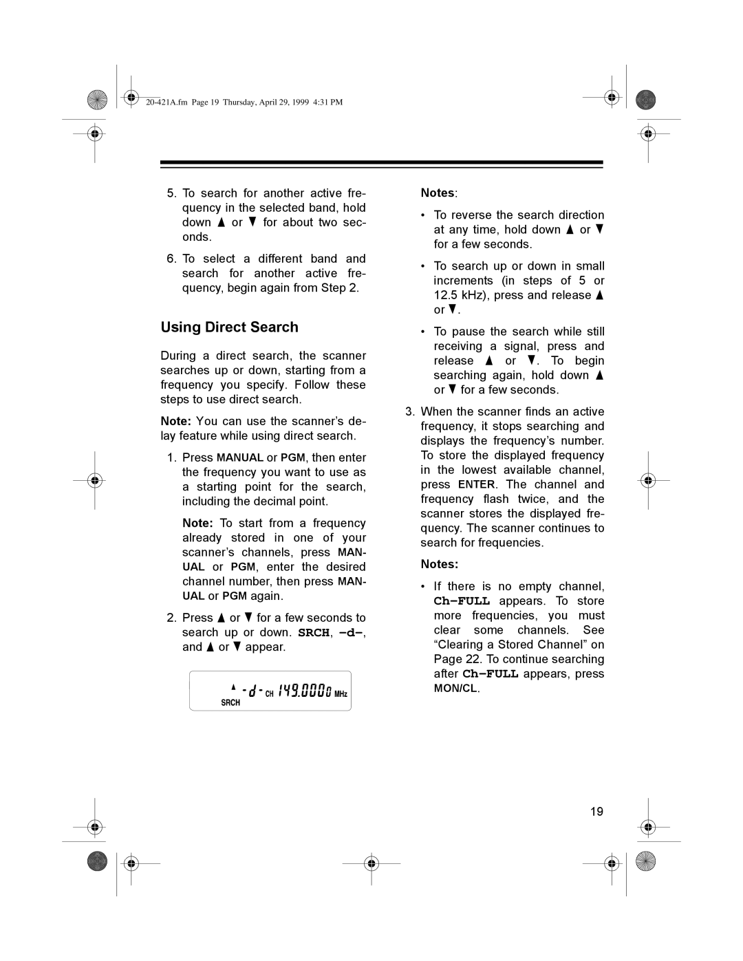 Radio Shack PRO-2015 manual 8VLQJýLUHFWý6HDUFK, 20-421A.fm Page 19 Thursday, April 29, 1999 431 PM 