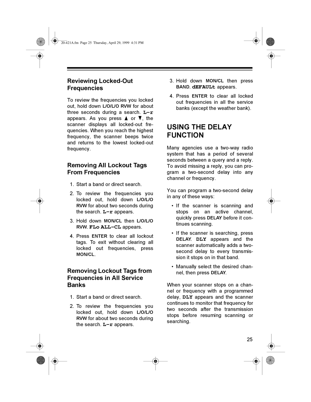 Radio Shack PRO-2015 manual 86,1*ý7+ý/$ý 81&7,21ý, 5HYLHZLQJý/RFNHGð2XWý, 5HPRYLQJý$OOý/RFNRXWý7DJVý URPýUHTXHQFLHVý 