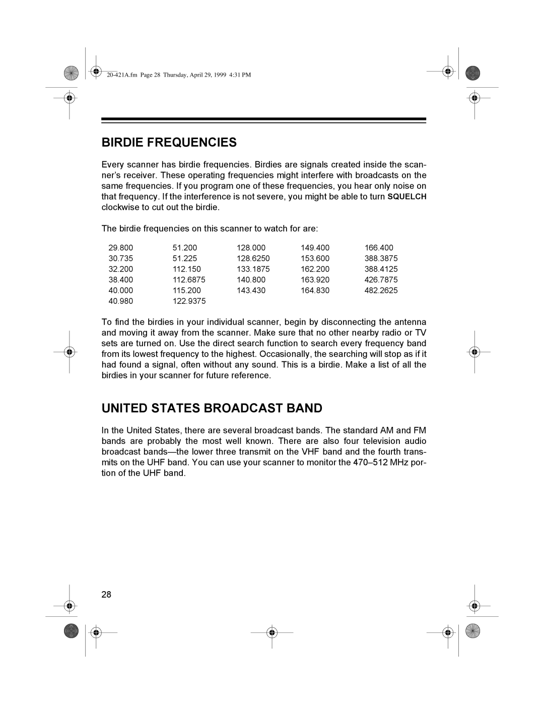 Radio Shack PRO-2015 manual Ý5481&,6ý, 81,7ý67$76ý%52$&$67ý%$1ý, 7KHýELUGLHýIUHTXHQFLHVýRQýWKLVýVFDQQHUýWRýZDWFKýIRUýDUHã 