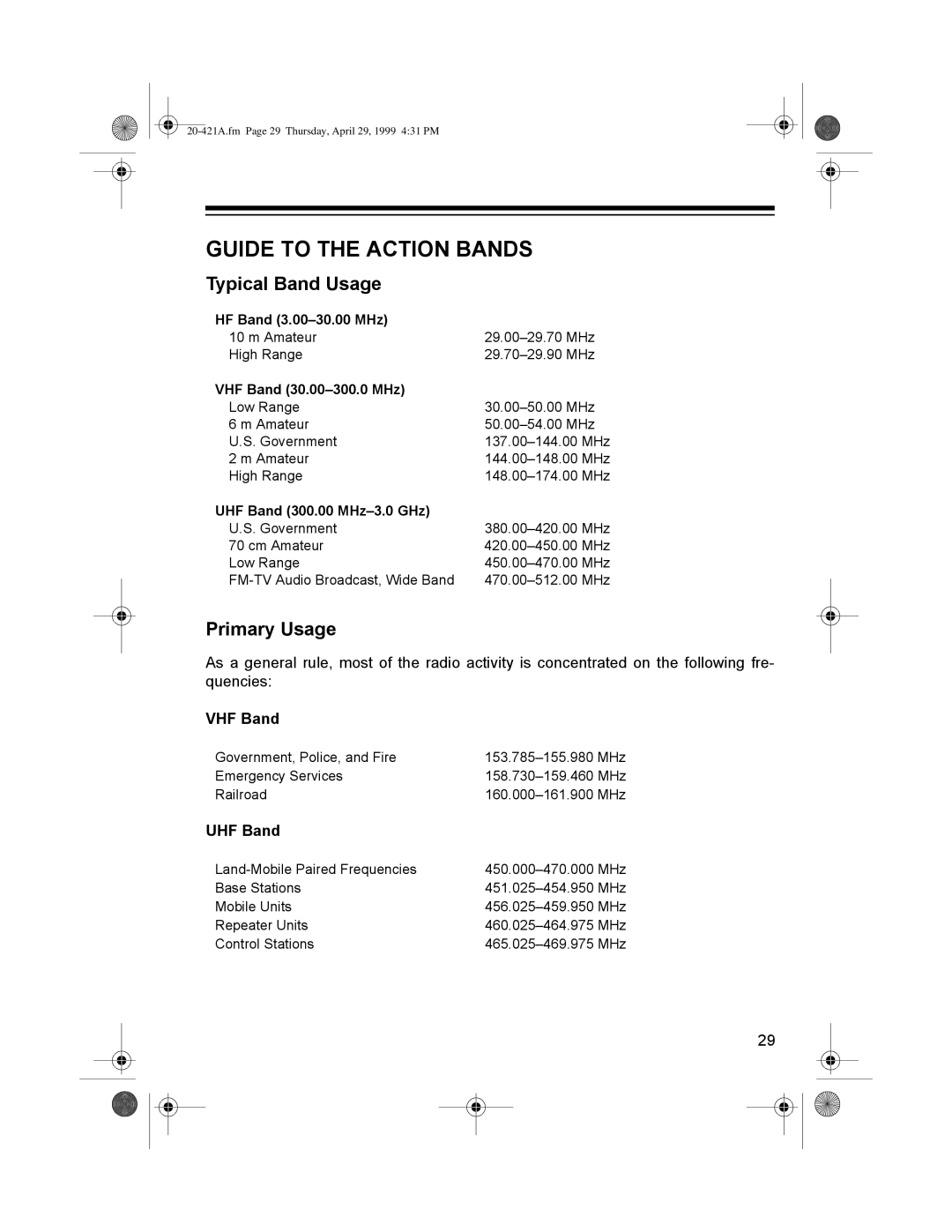 Radio Shack PRO-2015 manual Ý72ý7+ý$&7,21ý%$16ý, SLFDOý%DQGý8VDJH, 3ULPDU\ý8VDJH, Éæíïíí¤èìëïííý0+, Ìçíïííí¤ìçìïäííý0+ 