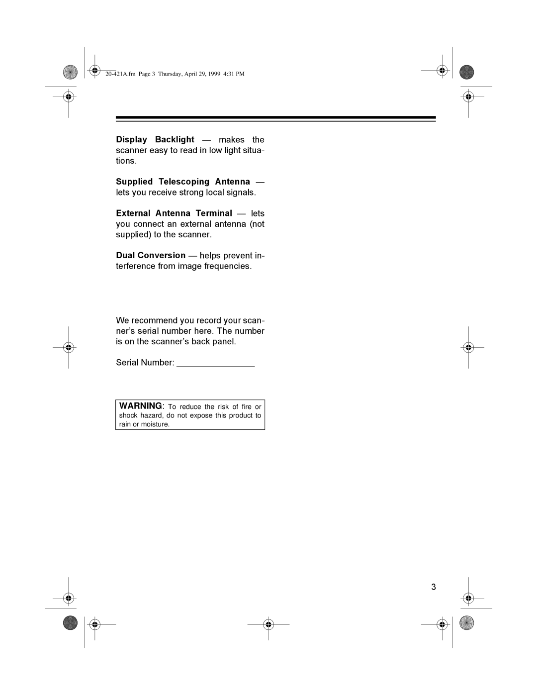 Radio Shack PRO-2015 manual 20-421A.fm Page 3 Thursday, April 29, 1999 431 PM 