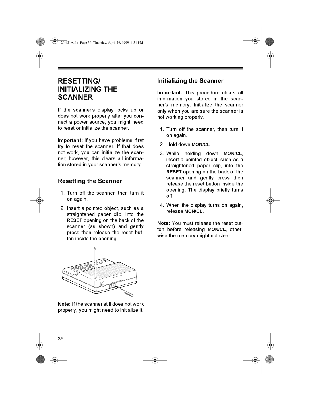 Radio Shack PRO-2015 manual 5HVHWWLQJýWKHý6FDQQHU, QLWLDOLLQJýWKHý6FDQQHU, 5677,1*î ,1,7,$/,=,1*ý7+ý 6&$115 