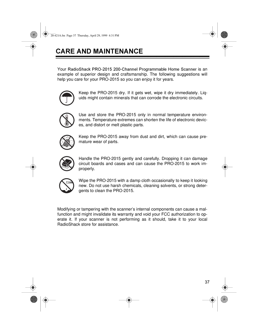 Radio Shack PRO-2015 manual $5ý$1ý0$,171$1&ý, 20-421A.fm Page 37 Thursday, April 29, 1999 431 PM 