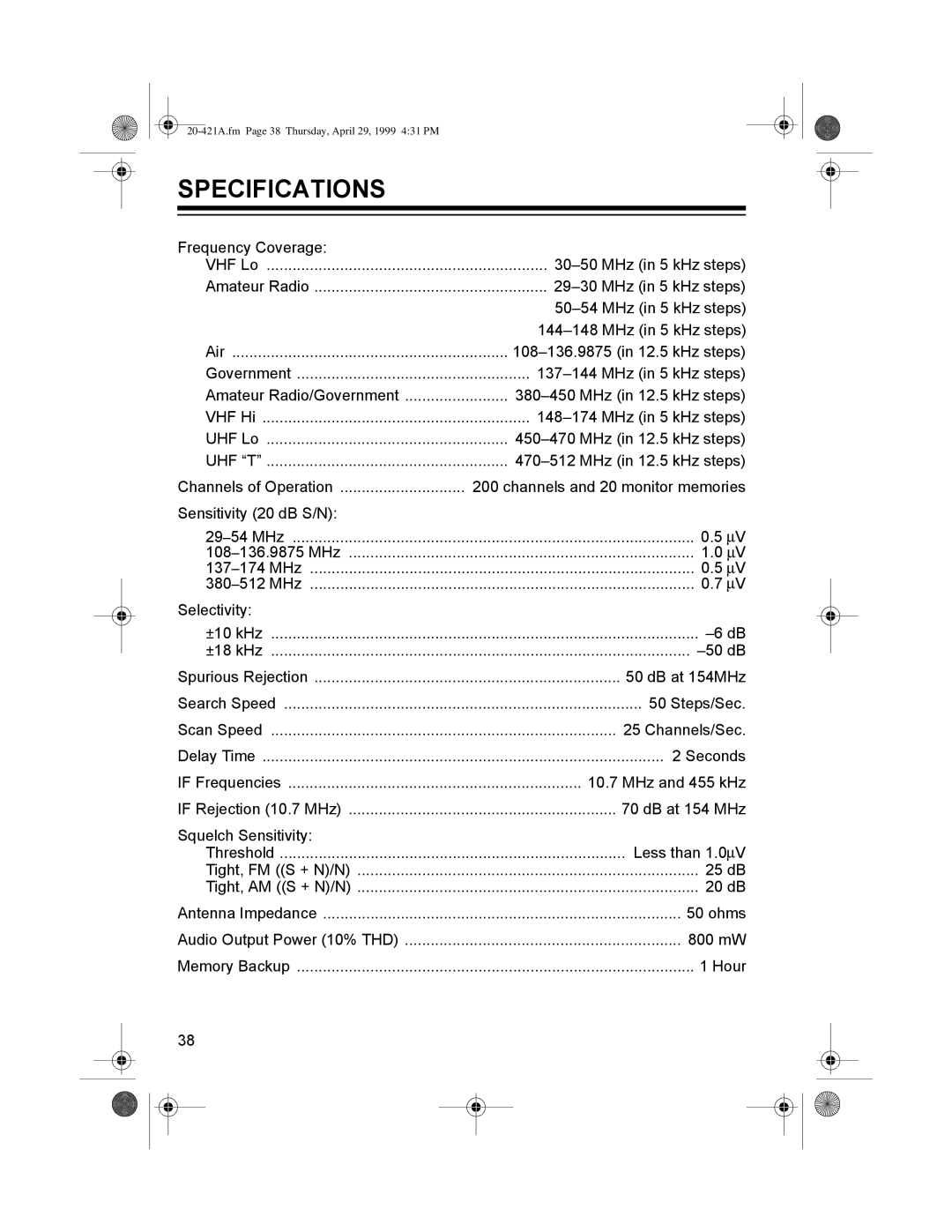 Radio Shack PRO-2015 manual 63&,,&$7,216ý, 20-421A.fm Page 38 Thursday, April 29, 1999 431 PM 