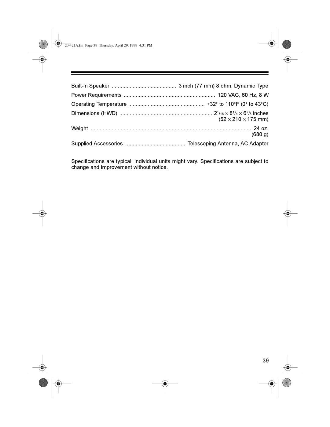 Radio Shack PRO-2015 manual FKDQJHýDQGýLPSURYHPHQWýZLWKRXWýQRWLFHï, 20-421A.fm Page 39 Thursday, April 29, 1999 431 PM 