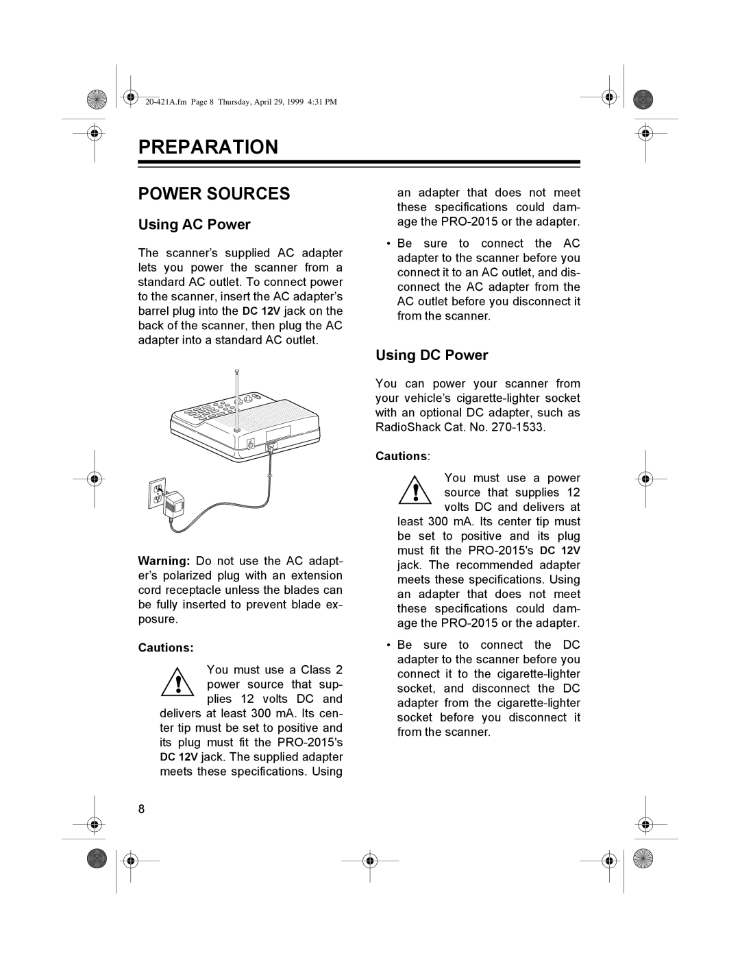 Radio Shack PRO-2015 manual 353$5$7,21ý, 325ý6285&6ý, 8VLQJý$&ý3RZHU, 8VLQJý&ý3RZHU 