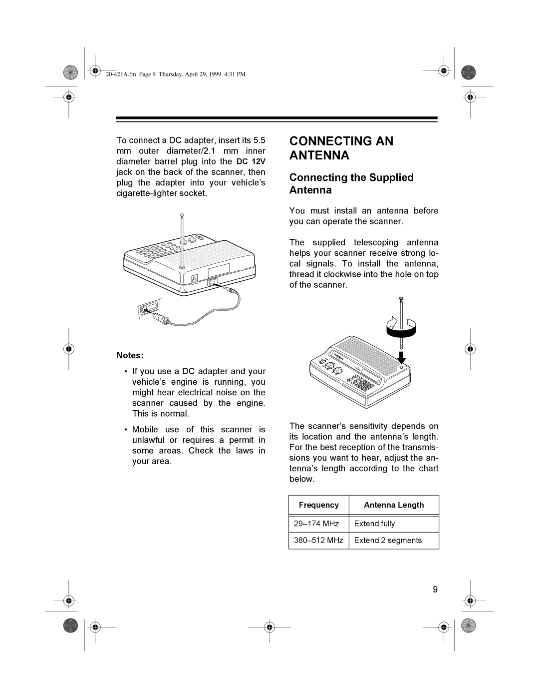 Radio Shack PRO-2015 manual 211&7,1*ý$1ý $1711$ý, RQQHFWLQJýWKHý6XSSOLHGý, 1RWHVã, $QWHQQDý/HQJWK 