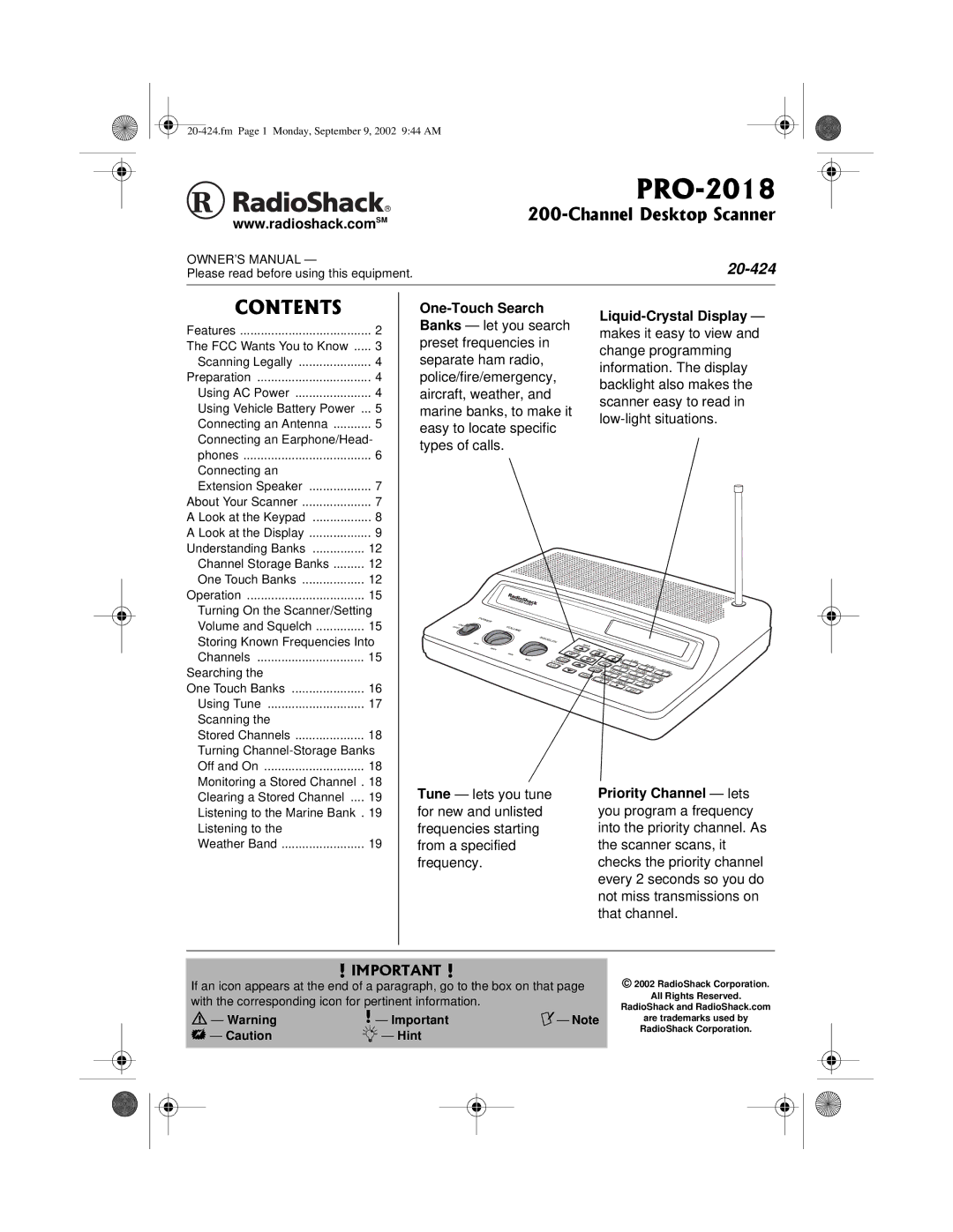 Radio Shack PRO-2018 manual One-Touch Search Liquid-Crystal Display, Priority Channel lets 