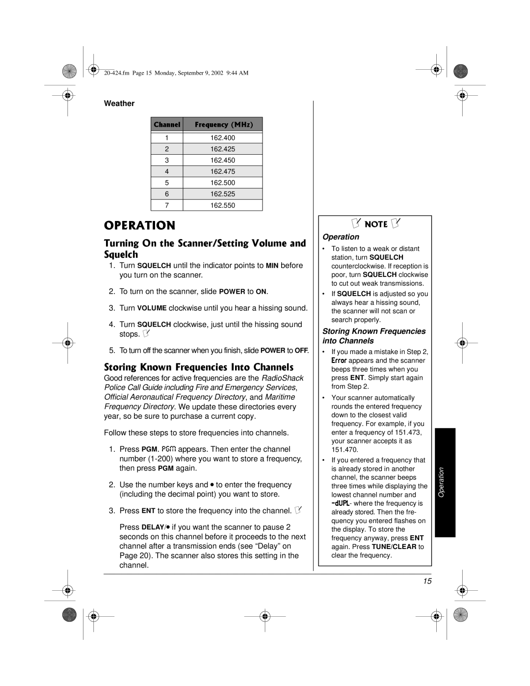 Radio Shack PRO-2018 manual 124#6+10, 5SWGNEJ, Weather, Operation, Storing Known Frequencies into Channels 