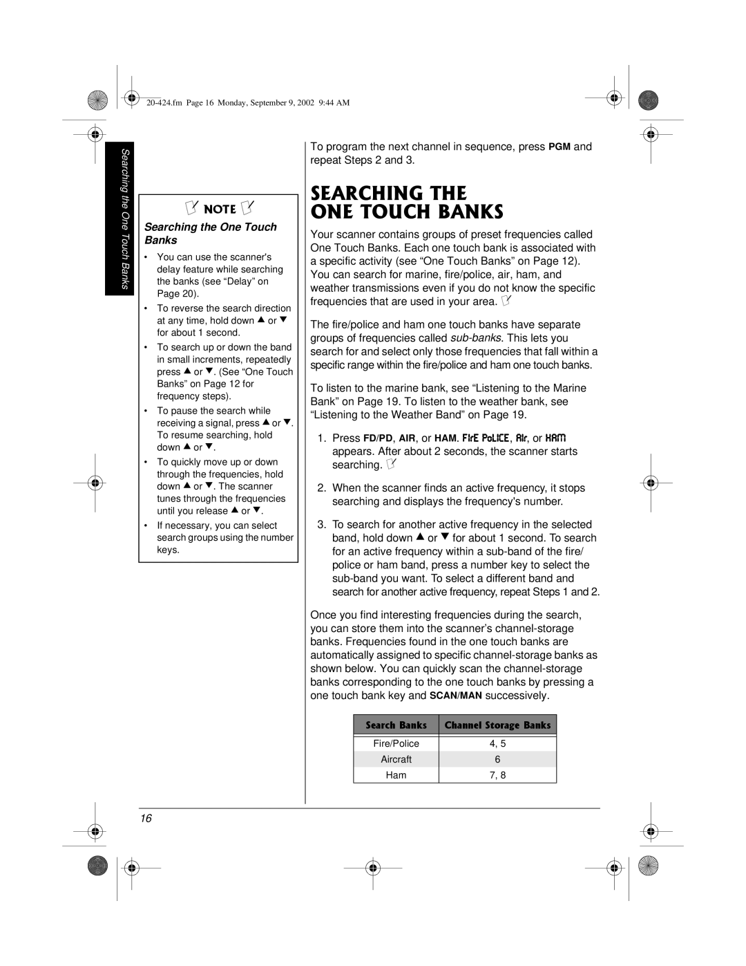 Radio Shack PRO-2018 manual #4%*+06* 10617%*$#0-5, Searching the One Touch Banks 