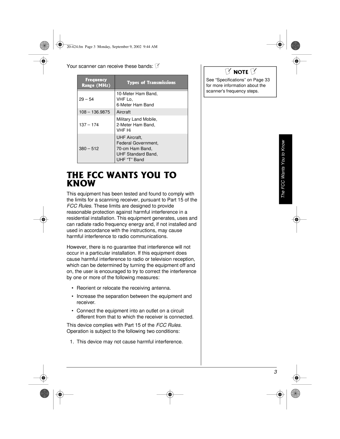 Radio Shack PRO-2018 manual #0651761, Your scanner can receive these bands ± 