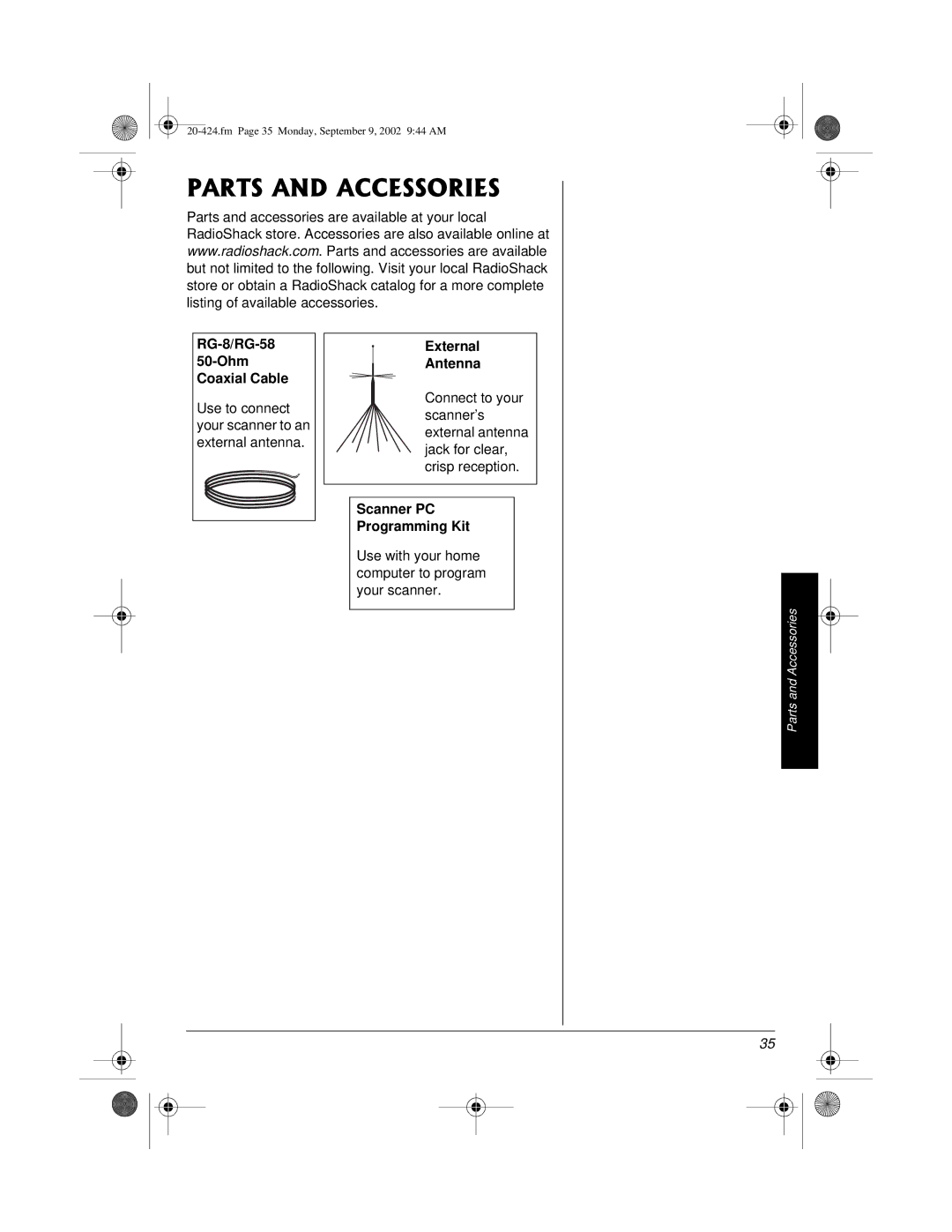 Radio Shack PRO-2018 manual #465#0&#%%5514+5, RG-8/RG-58 50-Ohm Coaxial Cable, External Antenna, Scanner PC Programming Kit 