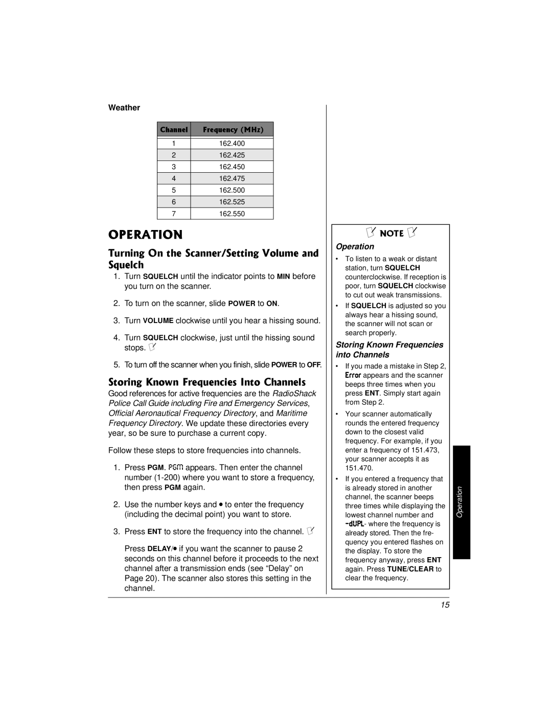 Radio Shack PRO-2018 owner manual 124#6+10, 5SWGNEJ, Weather, Operation, Storing Known Frequencies into Channels 