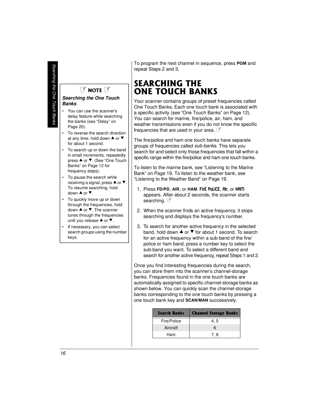 Radio Shack PRO-2018 owner manual #4%*+06* 10617%*$#0-5, Searching the One Touch Banks 