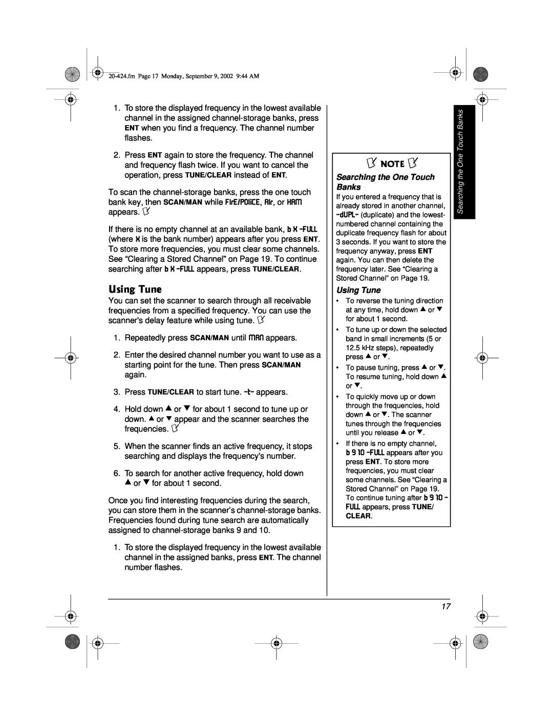 Radio Shack PRO-2018 manual 7UKPI6WPG, Using Tune, Searching the One Touch Banks 
