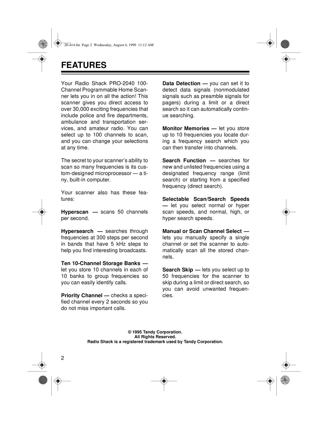 Radio Shack PRO-2040 owner manual Features 