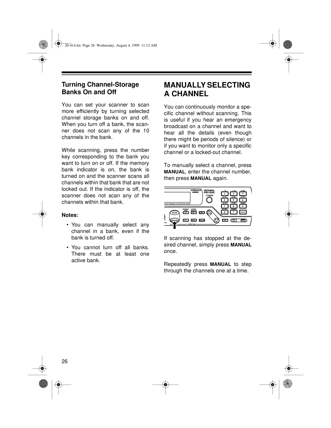 Radio Shack PRO-2040 owner manual Manually Selecting a Channel, Turning Channel-Storage Banks On and Off 